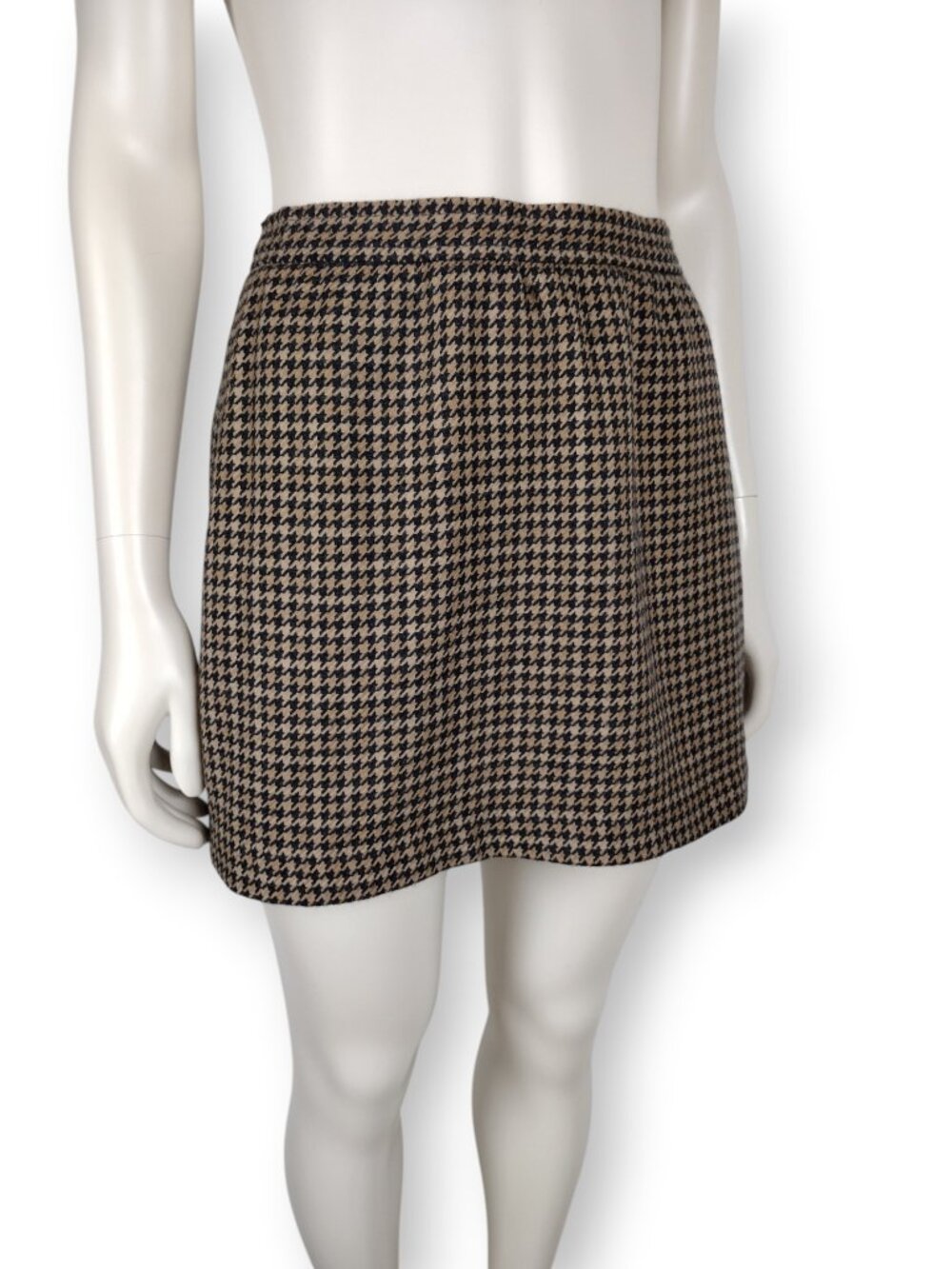 Vintage 1990s Houndstooth Black Brown Wool High Waisted Mini Skirt W Pockets